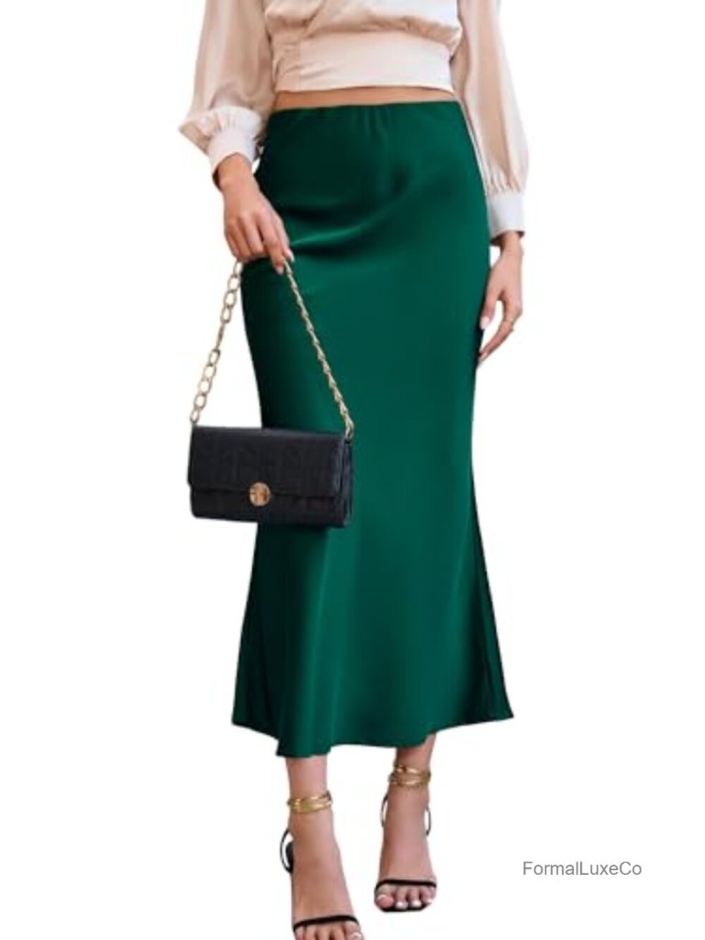 Satin Fishtail Maxi Skirt Elastic High Waist Ruffle Hem Formal Casual
